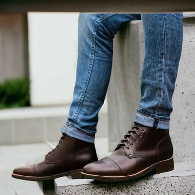 Handmade men's brown leather boot ,lace up ankle high cap toe boot 