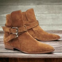 Handmade Men's Tan Suede Boot ,Double Buckle Ankle High boot - Thumbnail 1
