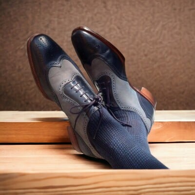 Handmade men's black and gray leather and suede shoes ,wing tip lace up brogue toe shoes