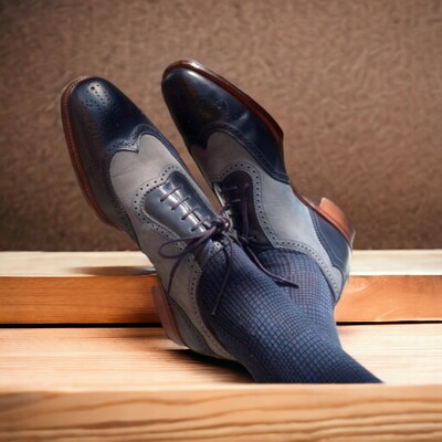 Handmade Men's Black and Gray Leather and Suede Shoes ,Wing Tip Lace Up Brogue Toe Shoes