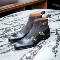 Handmade Men's Black and Gray Leather and Suede boot ,Triple Buckle Ankle High Cap Toe boot - Thumbnail 1