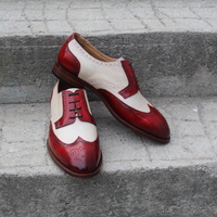 Crafted Leather Classic Beige and Burgundy Leather Wingtip Oxford Lace up Dress Shoes - Thumbnail 4