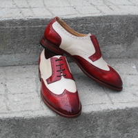 Crafted Leather Classic Beige and Burgundy Leather Wingtip Oxford Lace up Dress Shoes - Thumbnail 5