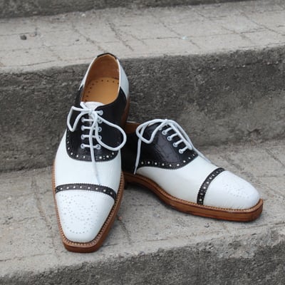 Crafted leather classic black white crocodile/alligator leather dress lace up oxford shoes - Thumbnail 4