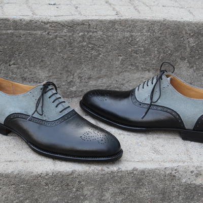 Crafted leather men black gray suede leather oxford lace up dress shoes - Thumbnail 3