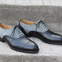 Crafted Leather Men Black Gray Suede Leather Oxford Lace up Dress Shoes - Thumbnail 2