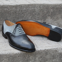 Crafted Leather Men Black Gray Suede Leather Oxford Lace up Dress Shoes - Thumbnail 3