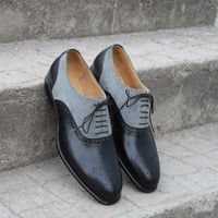 Crafted Leather Men Black Gray Suede Leather Oxford Lace up Dress Shoes - Thumbnail 4