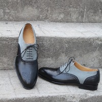 Crafted Leather Men Black Gray Suede Leather Oxford Lace up Dress Shoes - Thumbnail 5