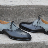 Crafted Leather Men Black Gray Suede Leather Oxford Lace up Dress Shoes - Thumbnail 7