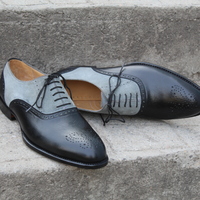 Crafted Leather Men Black Gray Suede Leather Oxford Lace up Dress Shoes - Thumbnail 8