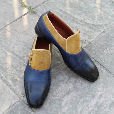 Crafted leather men blue brown suede leather button style loafers dress shoes - Thumbnail 4