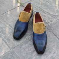 Crafted Leather Men Blue Brown Suede Leather Button Style Loafers Dress Shoes - Thumbnail 1