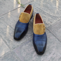 Crafted Leather Men Blue Brown Suede Leather Button Style Loafers Dress Shoes - Thumbnail 3