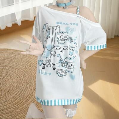 Striped oblique collar off-shoulder landmine water system short-sleeved sexy top t-shirt