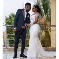 African White Mermaid Wedding Dresses Women Elegant Sheer Long Sleeved Bridal Gowns Lace Country Dress Second Reception Gown - Thumbnail 3