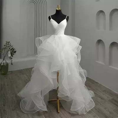  short front long back gothic white wedding dress spaghetti straps deep v neck high-low tulle bridal formal party gowns vestidos de novia