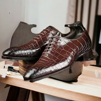 Handmade men's brown leather shoes ,alligator lace up shoes