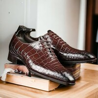 Handmade Men's Brown Leather Shoes ,Alligator Lace Up Shoes - Thumbnail 2