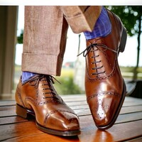 Handmade Men's Brown Leather Shoes ,Lace Up Brogue Toe Cap Toe Shoes - Thumbnail 1