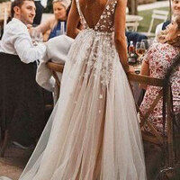 V Neck V Back Bridal Gown Wedding Dresses with Lace,1029 - Thumbnail 1