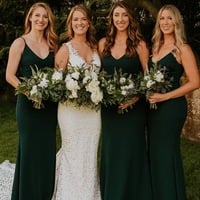 Dark Green Bridesmaid Dresses Spaghetti Straps Sheath - Thumbnail 1