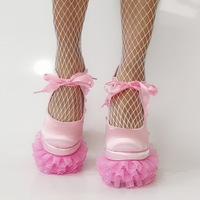 Pink Lace Satin Platform High Heels - Thumbnail 1