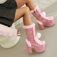 Furry Pompom Heeled Boots - 3colors - Thumbnail 2