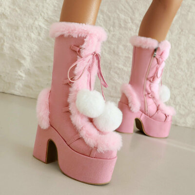 Furry Pompom Heeled Boots - 3colors