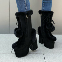 Furry Pompom Heeled Boots - 3colors - Thumbnail 6