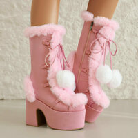 Furry Pompom Heeled Boots - 3colors - Thumbnail 1