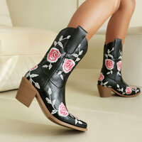 Rose Flower Embroidered Cowboy Boots - Thumbnail 1