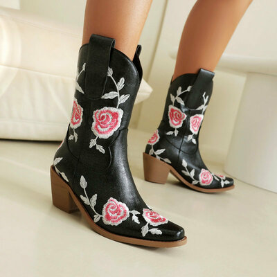 Rose Flower Embroidered Cowboy Boots
