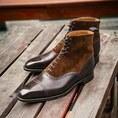 Handmade Men's Brown Leather and Suede Boot ,Ankle High Lace Up Cap Toe Boot