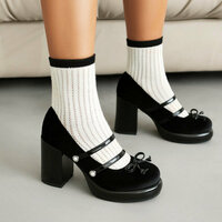 Velvet Bowknot Mary Jane High Heels - Thumbnail 2