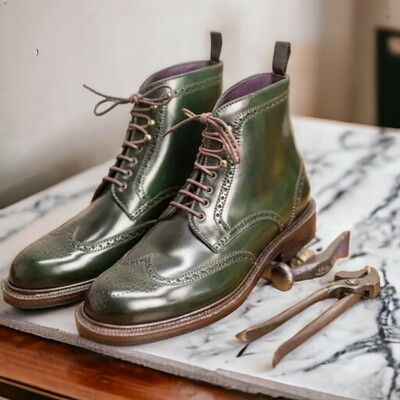 Handmade Men's Dark Green Leather Boot ,Ankle High Lace Up brogue Toe Wing tip Boot
