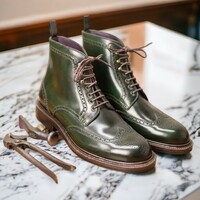Handmade Men's Dark Green Leather Boot ,Ankle High Lace Up brogue Toe Wing tip Boot - Thumbnail 1