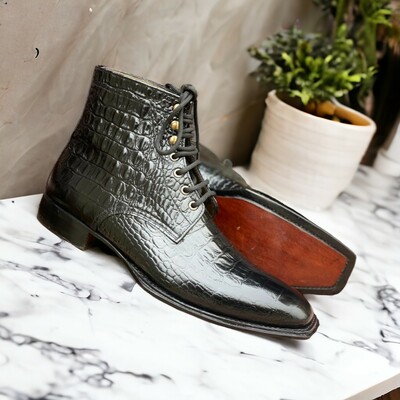 Handmade men's alligator black leather boot ,ankle high lace up texture boot