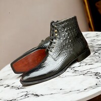 Handmade Men's Alligator Black Leather Boot ,Ankle High lace up texture boot - Thumbnail 1