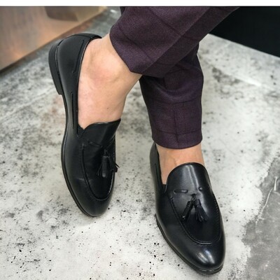 Handmade Men's Black Leather Shoes , Loafer Slip on Tassel Shoes
