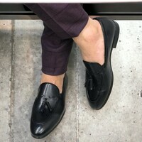 Handmade Men's Black Leather Shoes , Loafer Slip on Tassel Shoes - Thumbnail 1