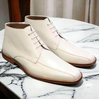 Handmade men's white leather boot , lace up ankle high dress boot