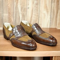 Handmade Men's Two Tone Brown Leather and Suede Shoes ,Loafer Wing Tip Fringe Buckle Shoes - Thumbnail 1