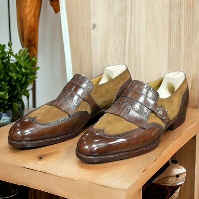 Handmade Men's Two Tone Brown Leather and Suede Shoes ,Loafer Wing Tip Fringe Buckle Shoes