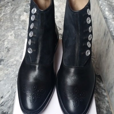 Black calf and black suede leather men button ankle high dress boot
