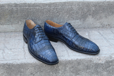 Crafted Leather Classic Blue Crocodile/Alligator Oxford Lace up Dress Shoes