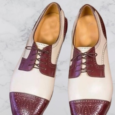 Burgundy and white leather stylish cap toe lace up casual wear men shoes