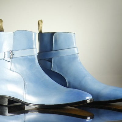 Handmade ankle high boot, jodhpurs style boot, blue leather boot - Thumbnail 1