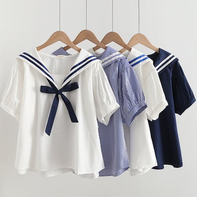 Navy collar college style loose bow tie casual top blouses