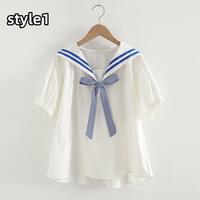 Navy collar college style loose bow tie casual top blouses - Thumbnail 3